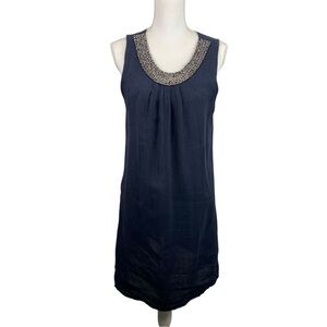Lungo L’Arno | Navy Linen Silver Beaded Collar Sleeveless Dress
